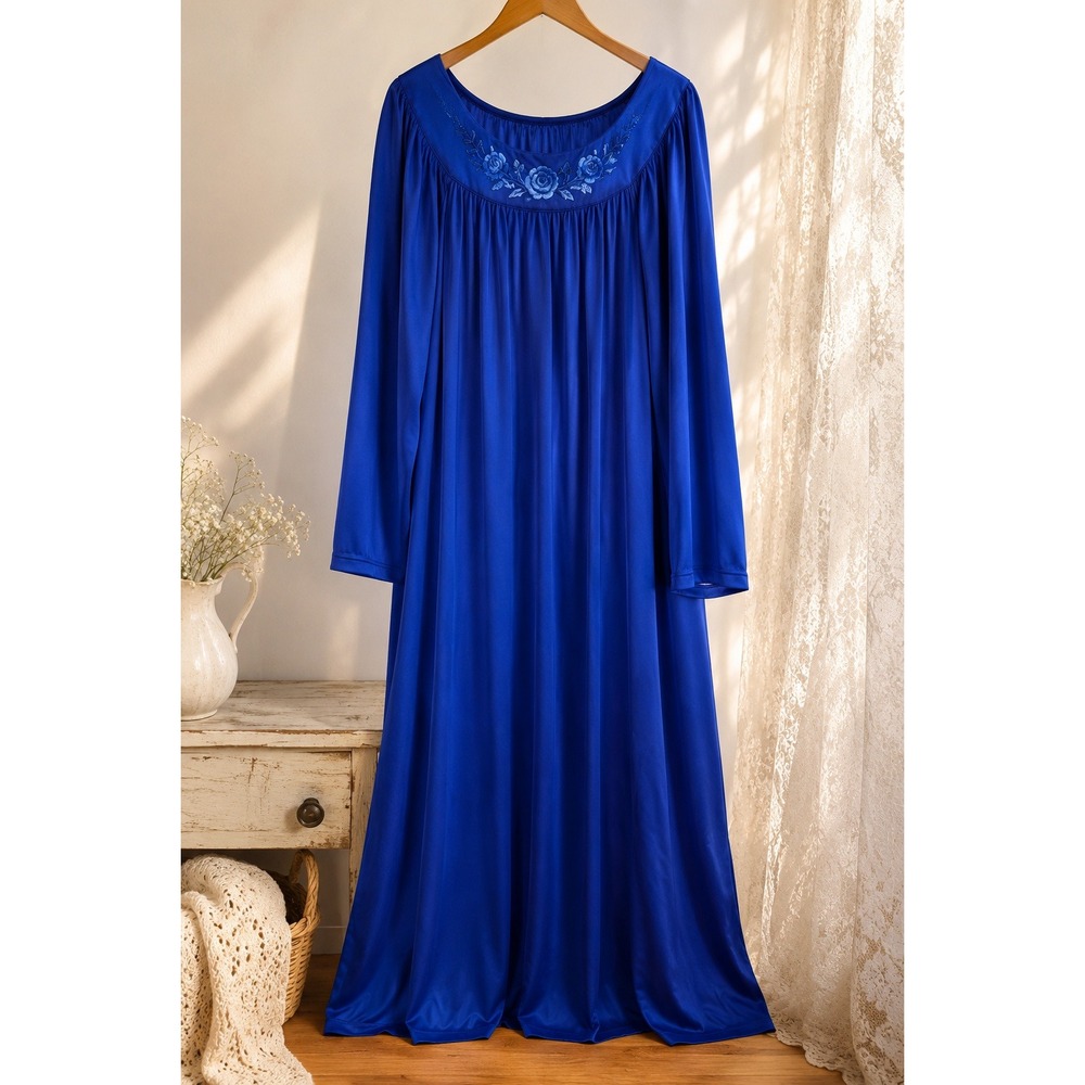 Shadowline 3X Royal Blue Floral Embroidered Long Sleeve Nightgown Maxi Nap Dress